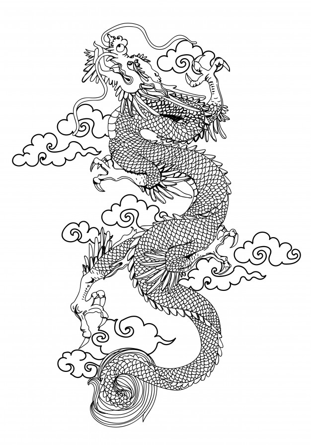 中国龙纹身花纹图形黑白线稿插画