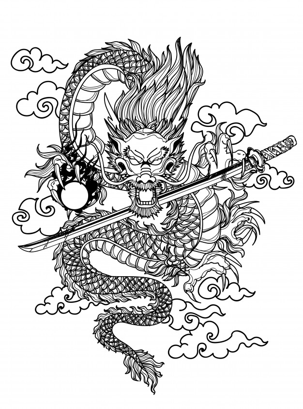 中国龙纹身花纹图形黑白线稿插画