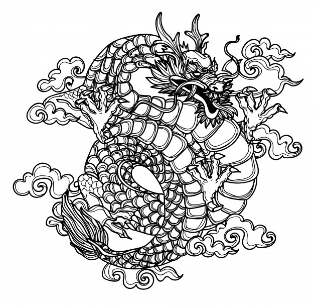 中国龙纹身花纹图形黑白线稿插画