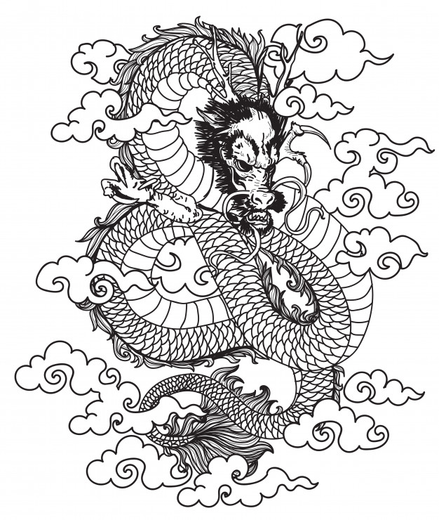 中国龙纹身花纹图形黑白线稿插画