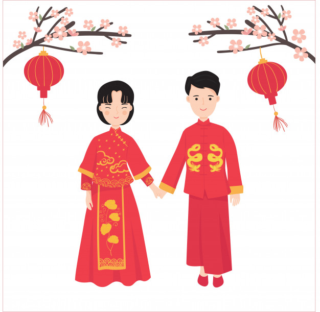 穿传统中国服饰的夫妻婚礼插画