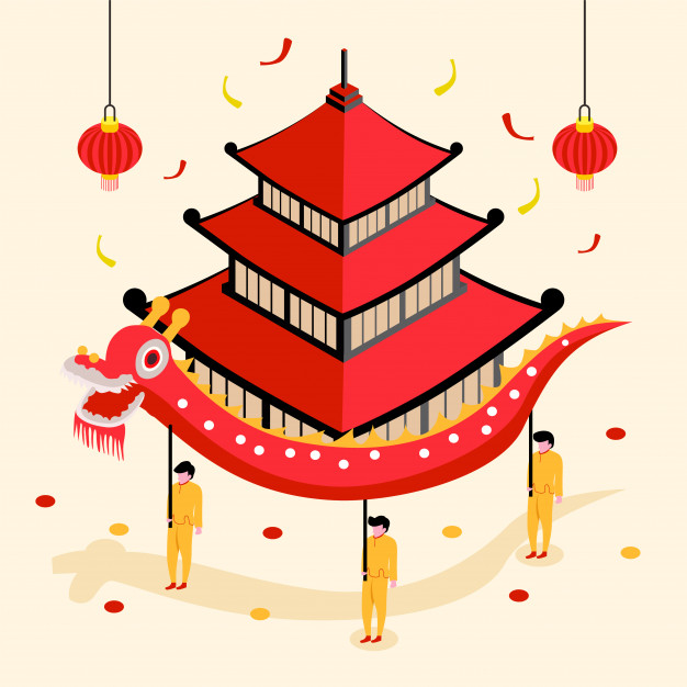 中国农历新年建筑舞龙插画