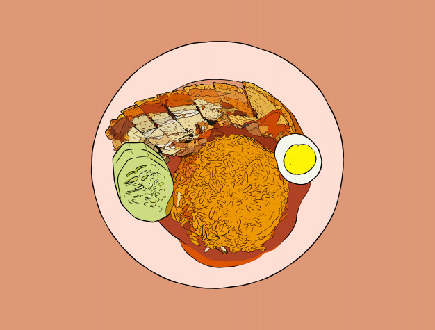 脆皮五花肉米饭，中餐美食插画