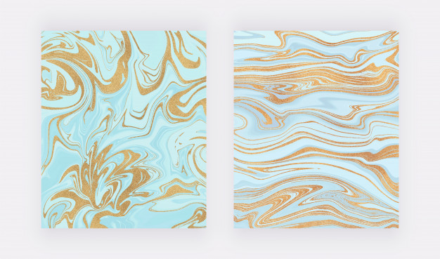 浅蓝色与金色亮片水墨画，抽象液体水彩大理石纹理