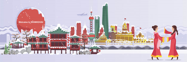 雪中的上海地标建筑景观全景