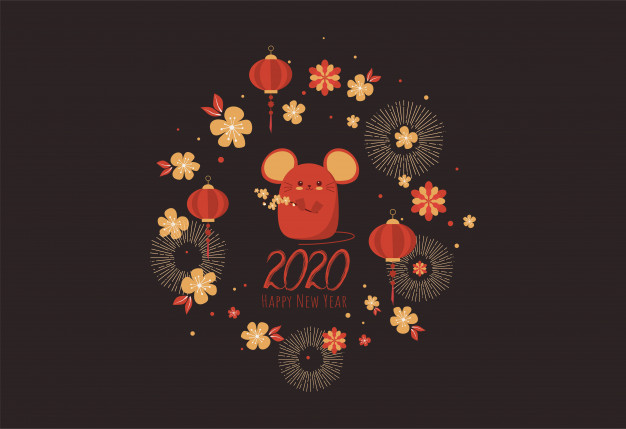 2020鼠年，老鼠，烟花，灯笼花朵