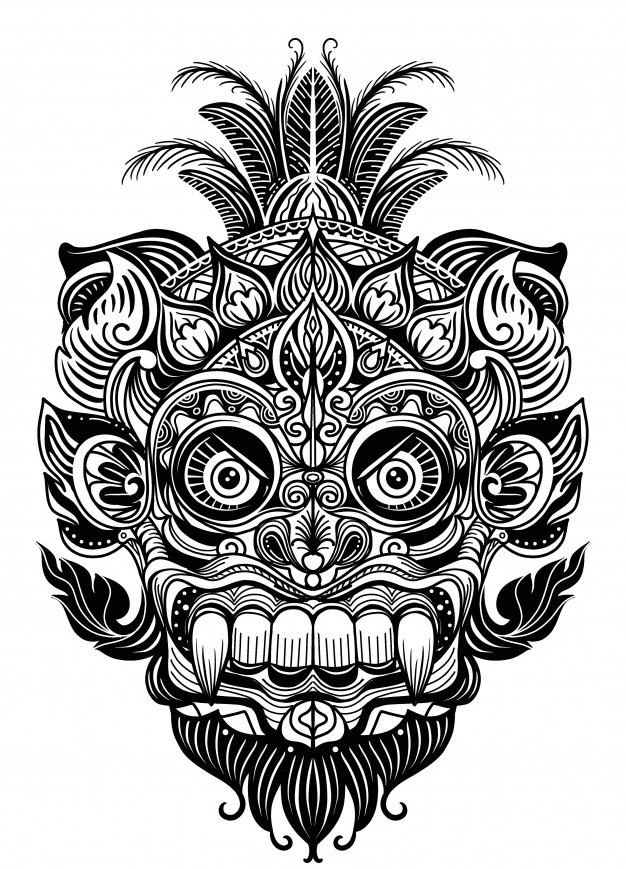 黑白线稿东南亚神话魔鬼面具图腾插画