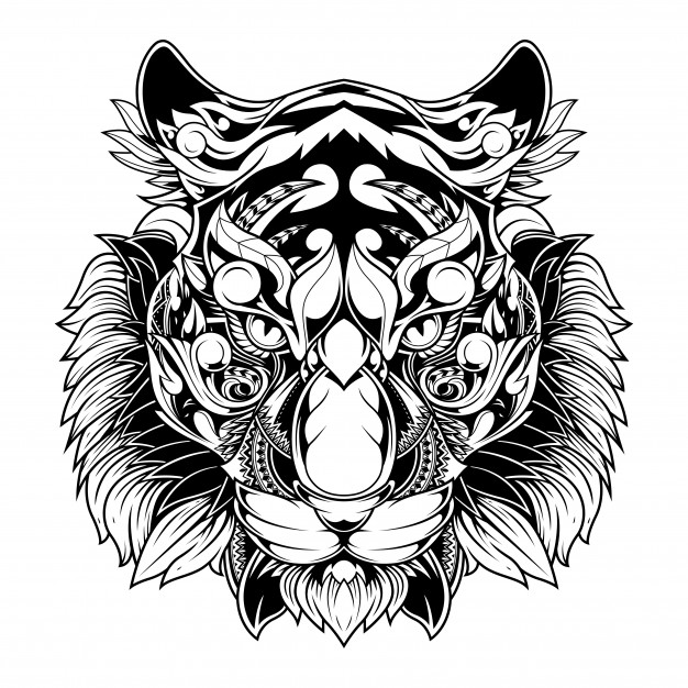 黑白线稿部落风格老虎插画