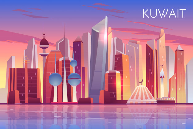科威特城市天际线， 现代阿拉伯国家全景背景插画