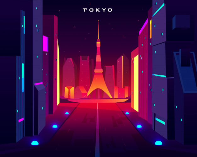 东京赛博朋克风格科幻城市夜景风景插画