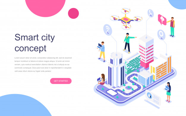 智慧城市建筑等距图2.5D网页着陆页插画