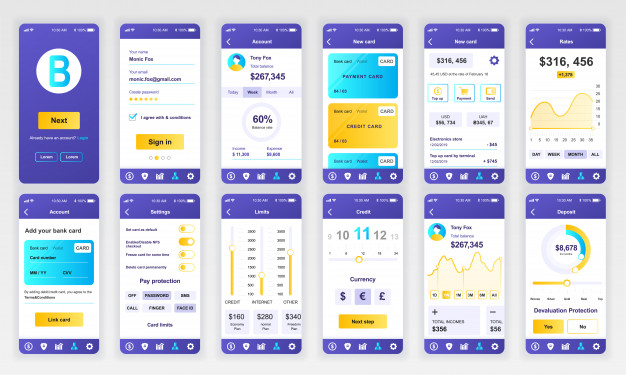 一组银行金融APP手机应用ui，ux，gui模板