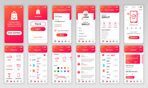 网上购物APP手机应用ui，ux，gui扁平插画模板