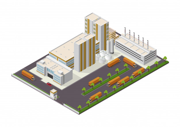 工业园区厂房建筑等距插画