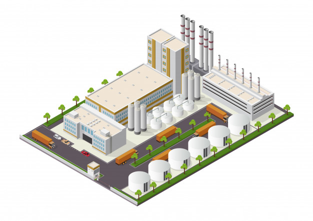 工业园区厂房建筑等距插画