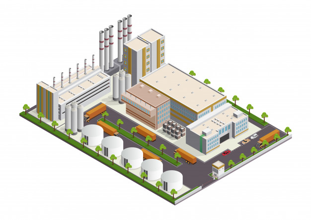 工业园区厂房建筑等距插画