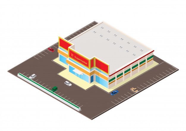 购物中心超市建筑等距插画