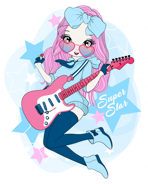 手绘可爱的女孩弹吉他插画