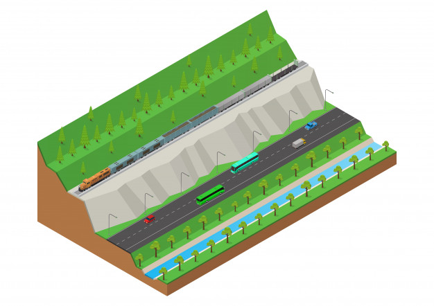 货运列车在高速公路旁山上的铁轨上运行等距插画