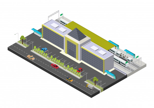 火车站建筑等距插画