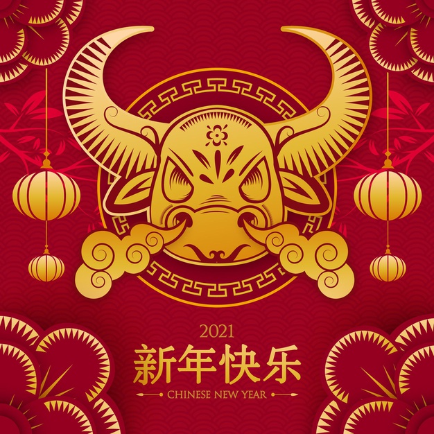 2021牛年新年剪纸风格插画背景