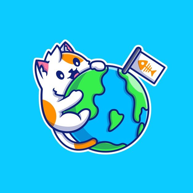 拥抱地球的可爱小猫咪手绘卡通矢量插画
