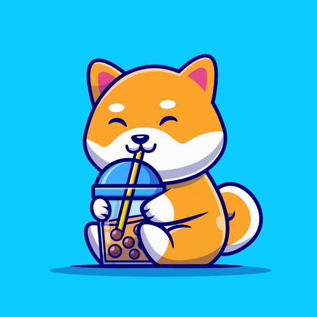 可爱的柴犬小狗喝奶茶卡通矢量插画