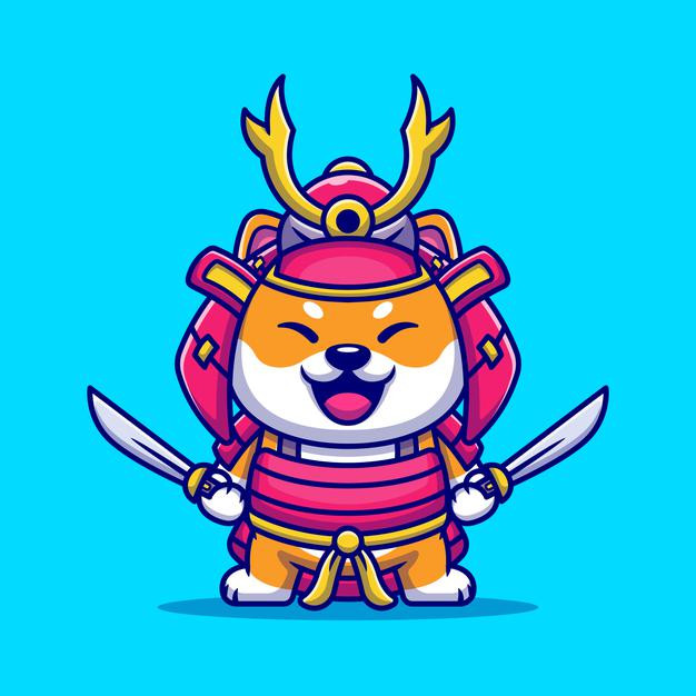 穿日本武士盔甲的柴犬小狗，日式卡通矢量插画