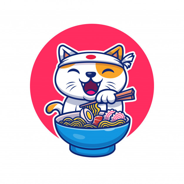 吃拉面的小猫咪，日式风格logo标志，卡通矢量插画