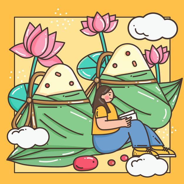 端午节粽子，莲花插画