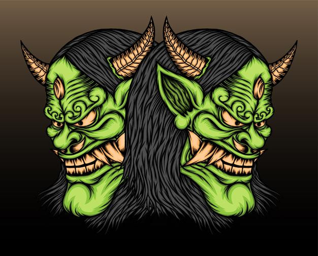 日本魔鬼恶魔鬼面具能面日式插画