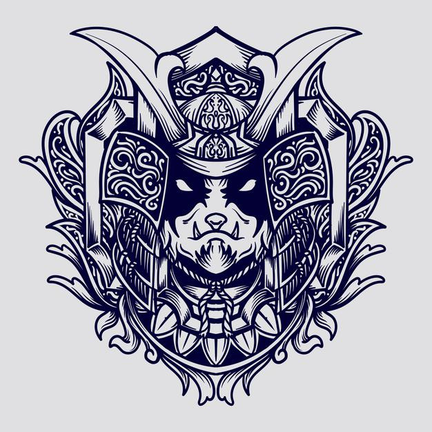 熊猫武士日本武士武将盔甲头盔日式插画