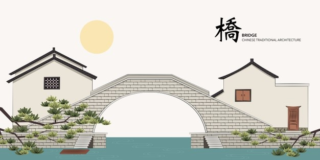 中式古风建筑石桥插画