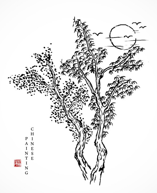 中国风白描树与日落线条线稿插画