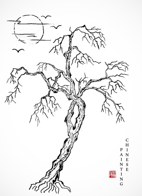 中国风白描枯树日落线条线稿插画