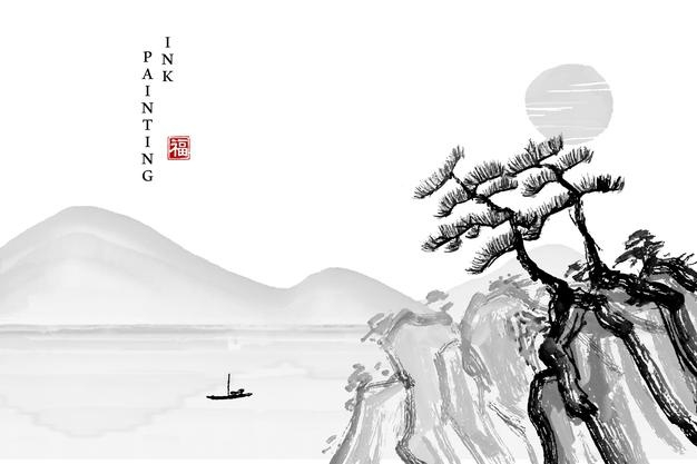 水墨画风格松树山水风景插画