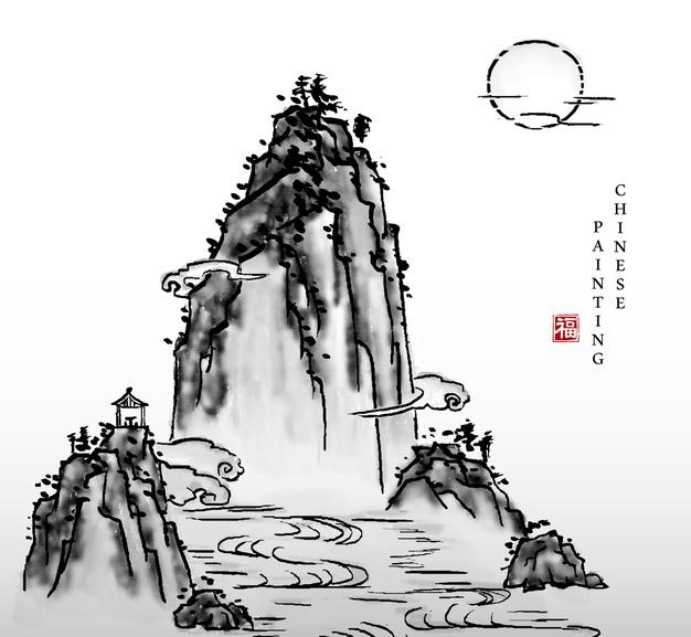 水墨画风格山水风景插画