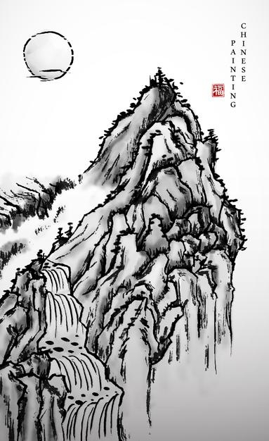 水墨画风格高山瀑布风景插画