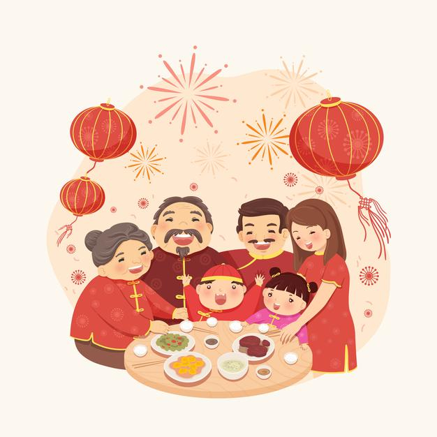 一家团员全家福新年快乐年夜饭卡通插画