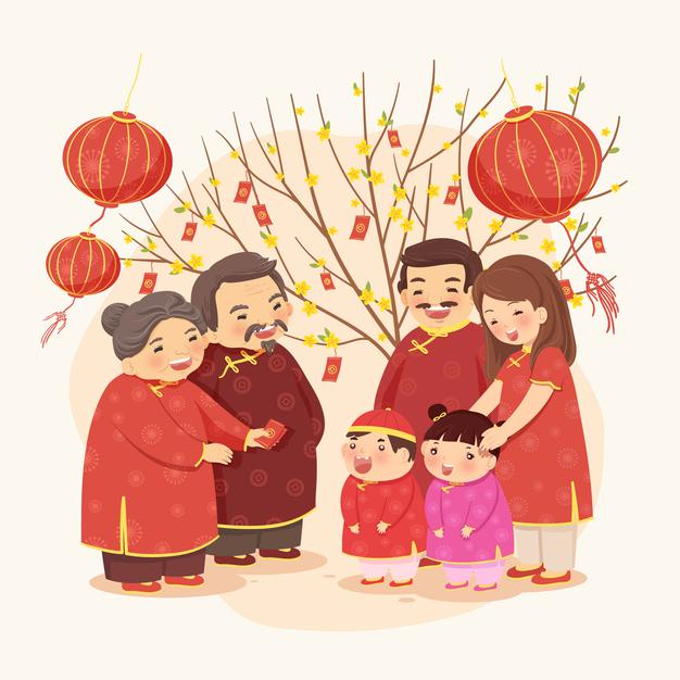 一家团员全家福新年快乐卡通插画