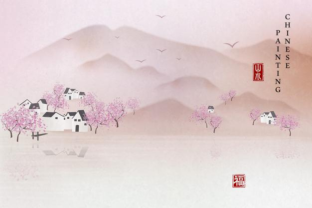 中国风水墨桃花村庄山水插画