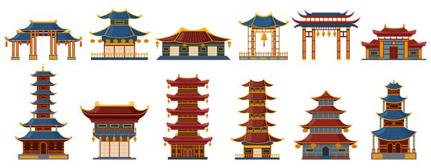 中国风传统建筑，宝塔宫殿牌楼插画