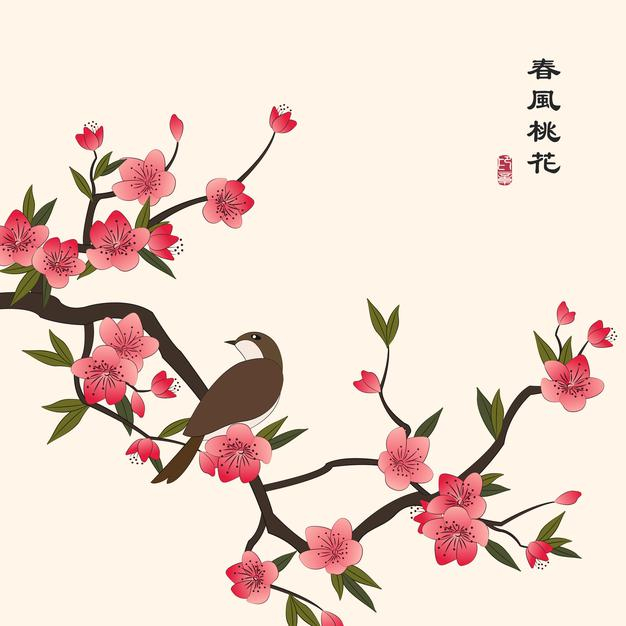 中国风水彩桃花风景插画