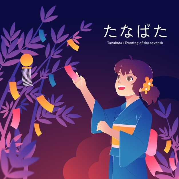 日本七夕女孩祈愿插画