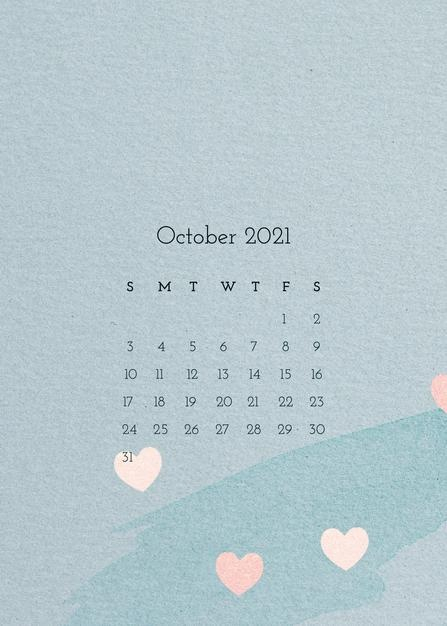2021 年 10 月日历模板与水彩纸纹理