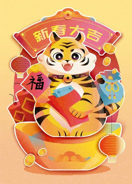 2022年新年虎年元旦招财进宝插画