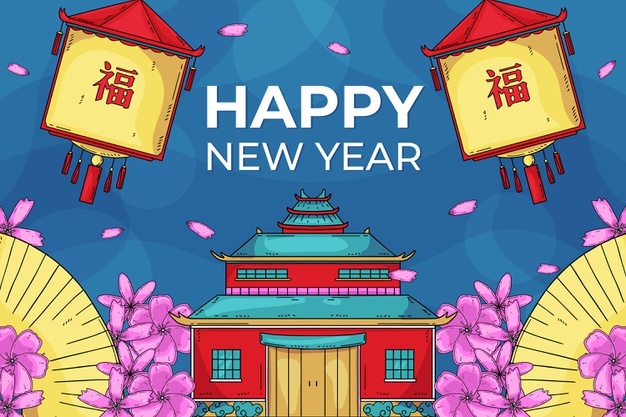 新年中国风建筑灯笼插画背景